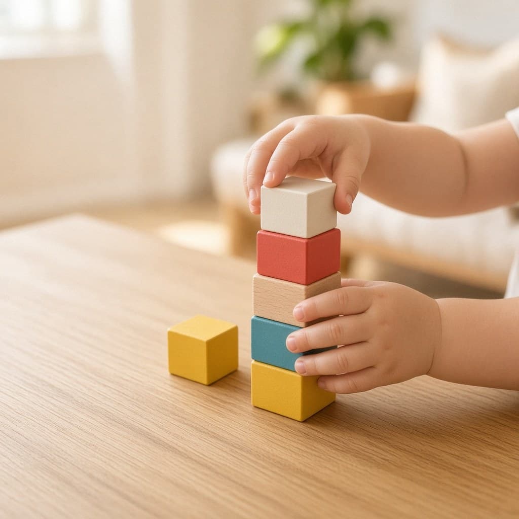 A small child's hands stacking colorful wooden blocks on a table in a bright, cozy home